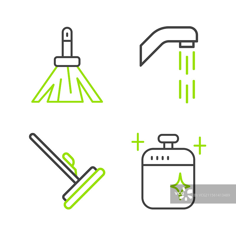 清洁的烹饪锅、拖把和淋浴喷头图片素材