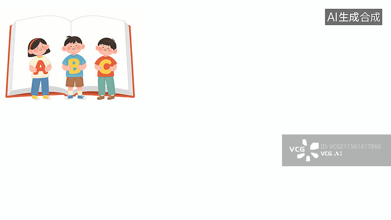 【AI数字艺术】三个孩子拿着字母ABC 2D卡通装饰边框插画左上图片素材