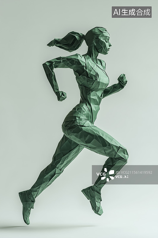【AI数字艺术】长发跑步冲刺的绿色女性运动员3D立体折纸模型图片素材