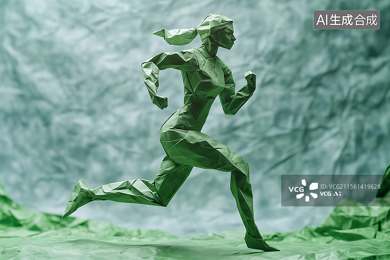 【AI数字艺术】长发跑步冲刺的绿色女性运动员3D立体折纸模型图片素材