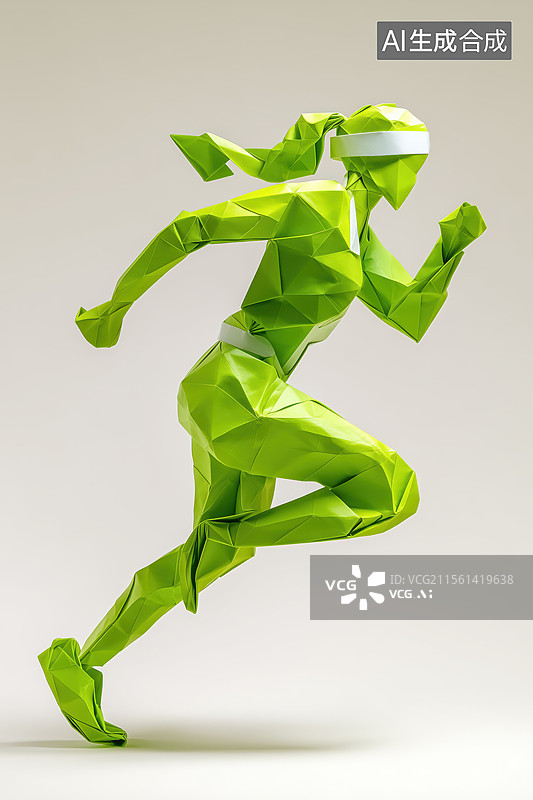 【AI数字艺术】长发跑步冲刺的绿色女性运动员3D立体折纸模型图片素材