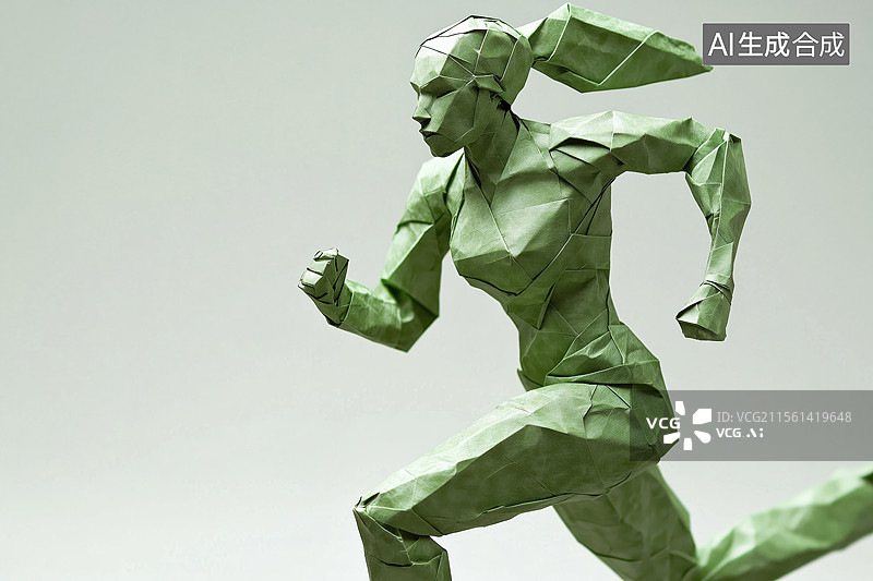 【AI数字艺术】长发跑步冲刺的绿色女性运动员3D立体折纸模型图片素材