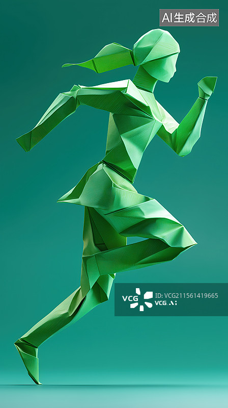 【AI数字艺术】长发跑步冲刺的绿色女性运动员3D立体折纸模型图片素材
