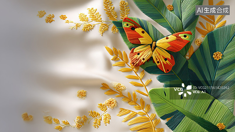 【AI数字艺术】中国风传统手工艺刺绣彩色卡通蝴蝶花卉扁平图案插画图片素材