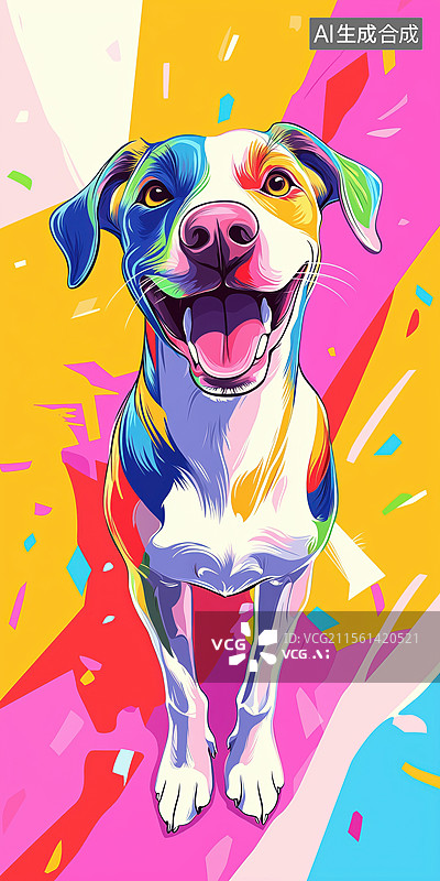 【AI数字艺术】波普彩色背景可爱的宠物狗扁平卡通插画图片素材