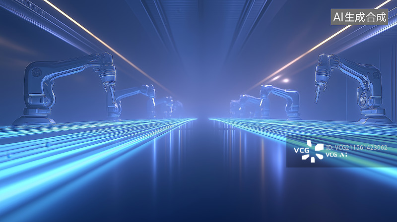 【AI数字艺术】人工智能主题海报——未来工厂采用机械臂进行智能自动化生产图片素材