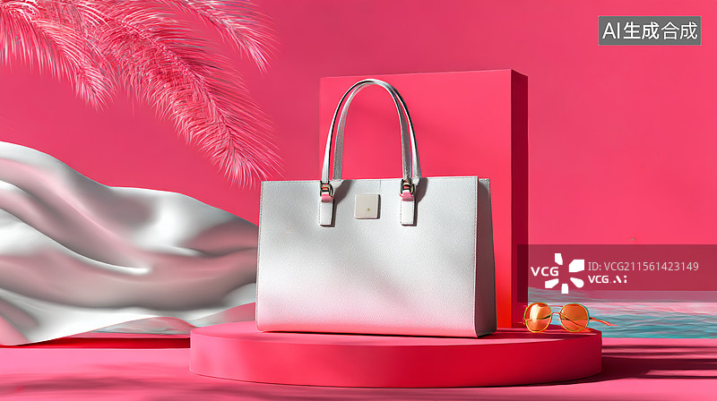 【AI数字艺术】白色的托特包产品和粉色装饰图片素材