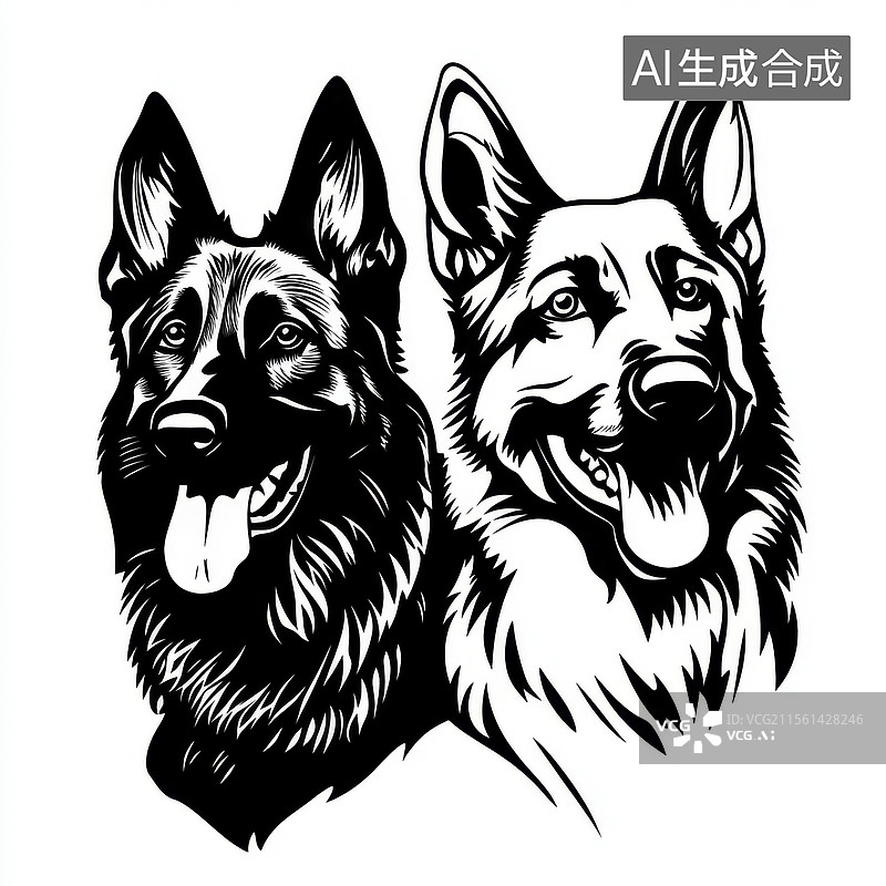 【AI数字艺术】两只德国牧羊犬的黑白插画图片素材