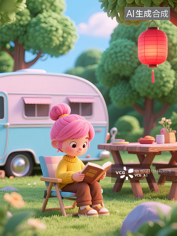【AI数字艺术】户外旅行，在露营车前，坐在露营椅上读书的可爱男孩和女孩图片素材