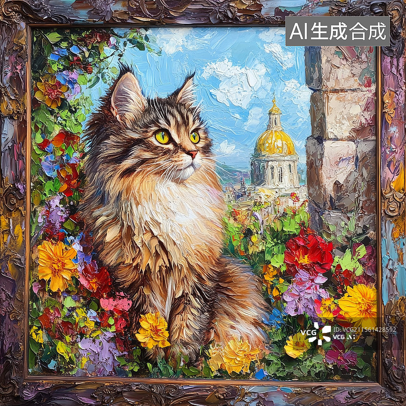 【AI数字艺术】花丛中的长毛猫图片素材