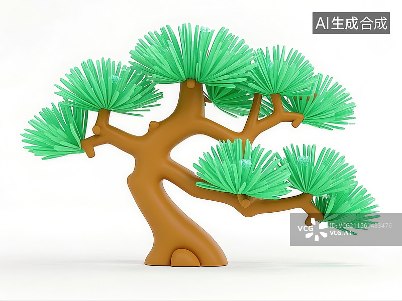 【AI数字艺术】3D粘土中国松树枝插画绿色描边卡通国风风格背景图片素材