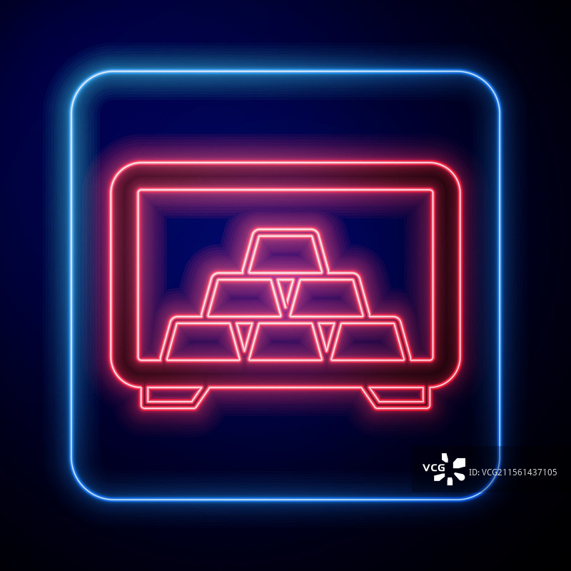 发光的霓虹保险箱与金条图标孤立于背景上图片素材
