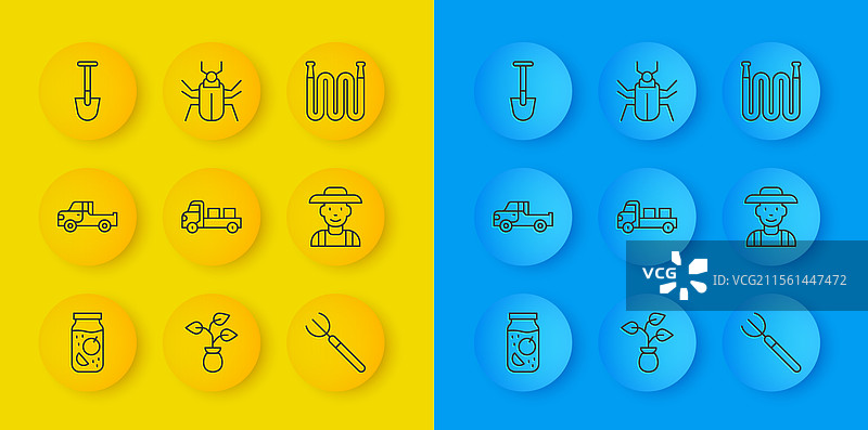 设置线条、果酱罐、皮卡车、花园、叉子图片素材