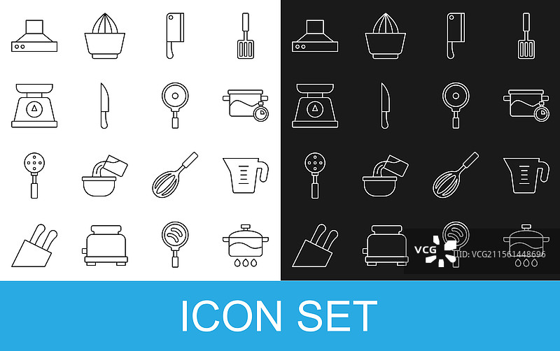 炊具套装：烹饪锅、量杯、切肉刀图片素材