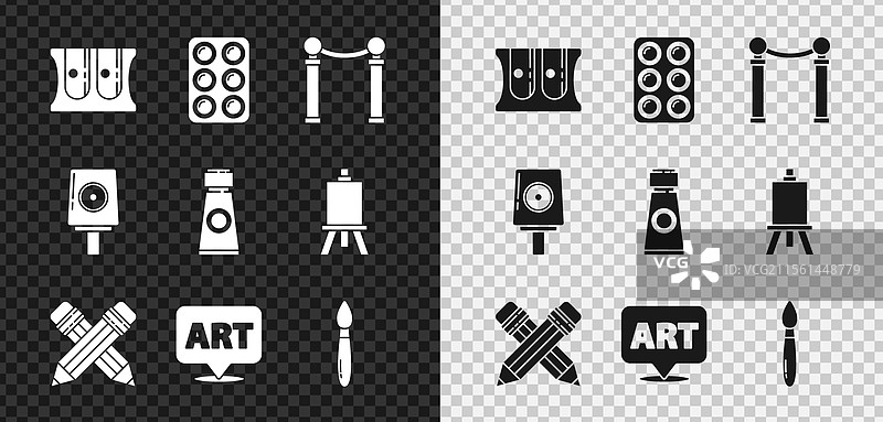 铅笔削尖器和水彩颜料放在盒子里图片素材