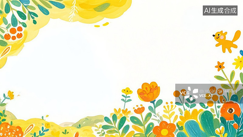【AI数字艺术】2D卡通环绕-黄色花朵和动物的插画背景图片素材