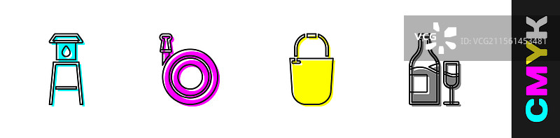 水塔、花园水管、桶和葡萄酒图片素材