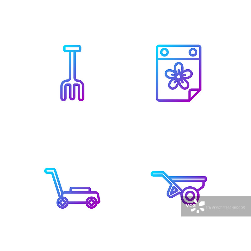 带有泥土的手推车与草坪割草机的花园景象图片素材