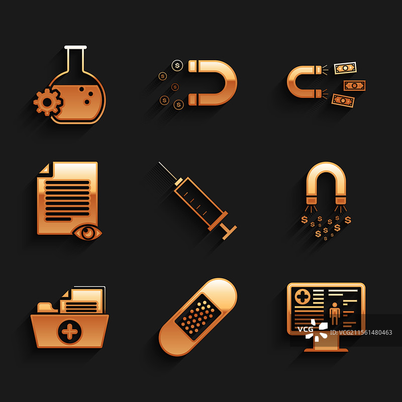 设置注射器、绷带、创可贴和临床记录图片素材