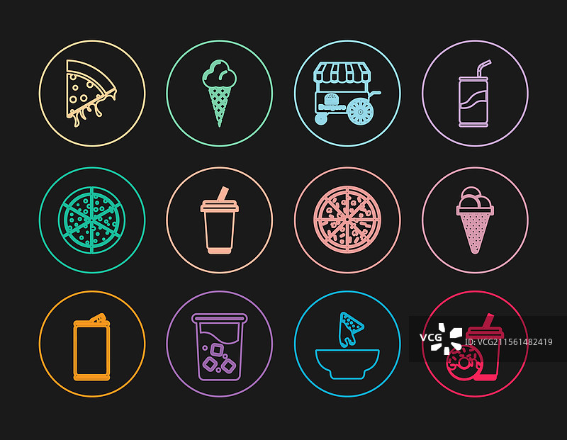 饮料机旁的汽水、甜甜圈、冰淇淋和华夫饼图片素材