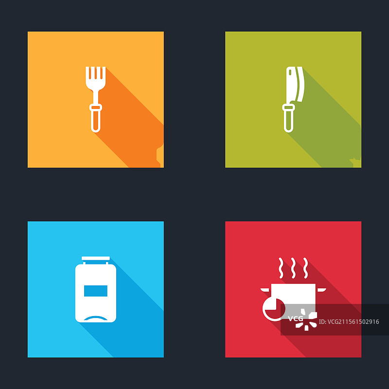 叉子、肉切刀、果酱罐和炊具图标图片素材