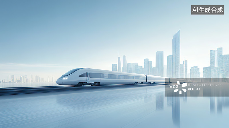 【AI数字艺术】城市高楼间穿梭的轻轨列车科技风插画图片素材