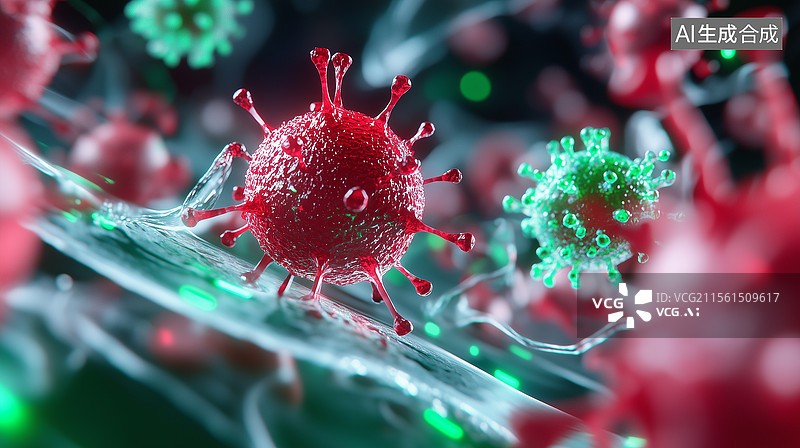 【AI数字艺术】红色病毒状细胞概念插图图片素材