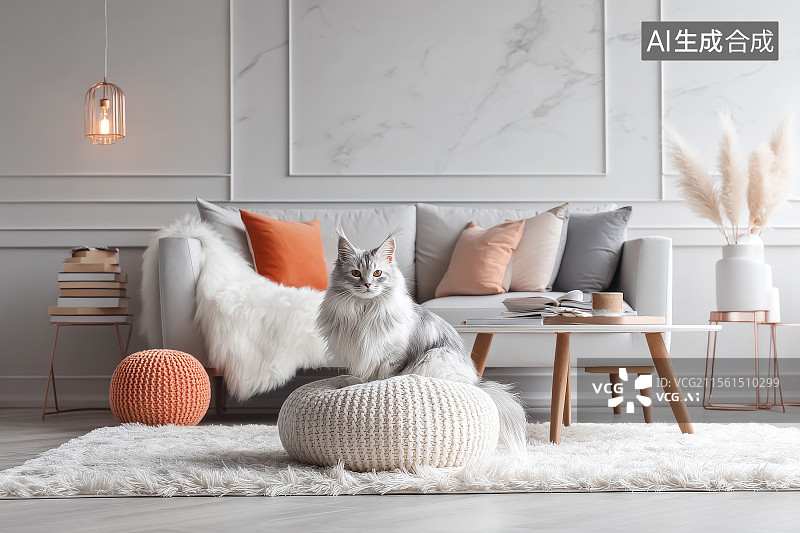 【AI数字艺术】现代风格客厅与猫咪图片素材