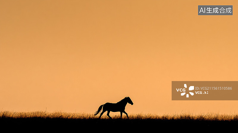 【AI数字艺术】夕阳下旷野奔腾的骏马剪影图片素材
