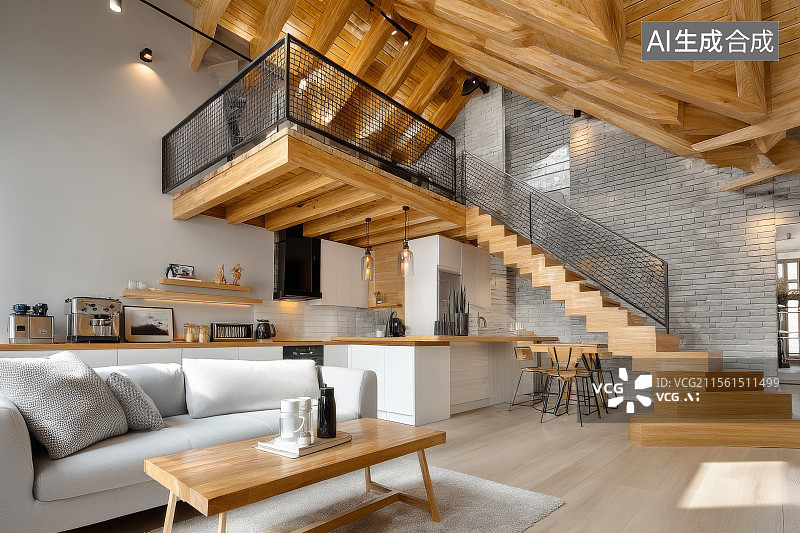 【AI数字艺术】现代木质阁楼公寓室内设计图片素材