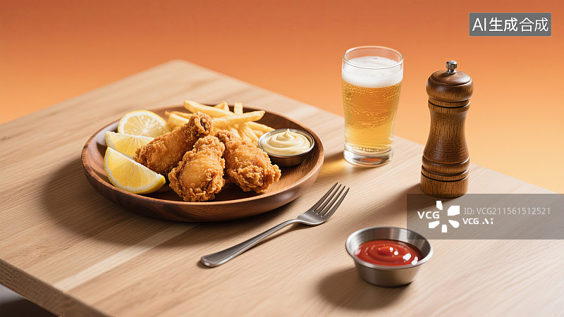 【AI数字艺术】炸鸡薯条啤酒美食组合摆拍图片素材