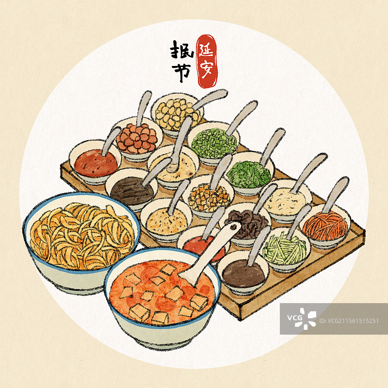 陕西延安美食国风插画-抿节图片素材
