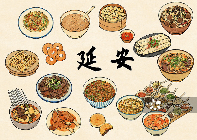 陕西延安美食国风插画图片素材