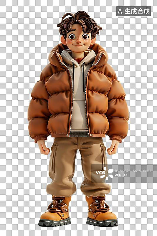 【AI数字艺术】冬日暖阳下的卡通男孩  时尚羽绒服冬装卡通男孩的微笑图片素材
