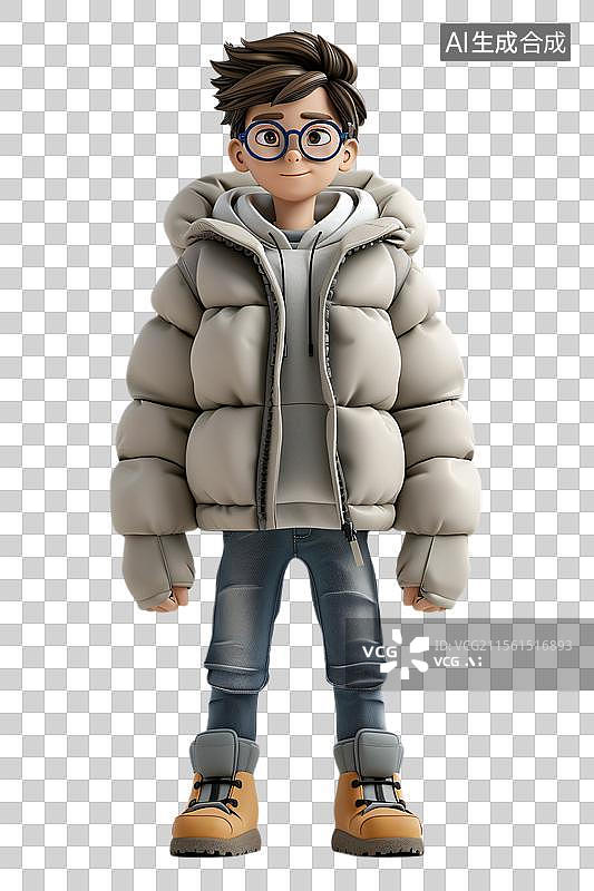 【AI数字艺术】冬日暖阳下的卡通男孩  时尚羽绒服冬装卡通男孩的微笑图片素材