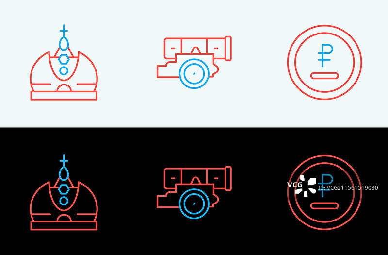 设置线条、卢布、货币、国王、皇冠和图片素材