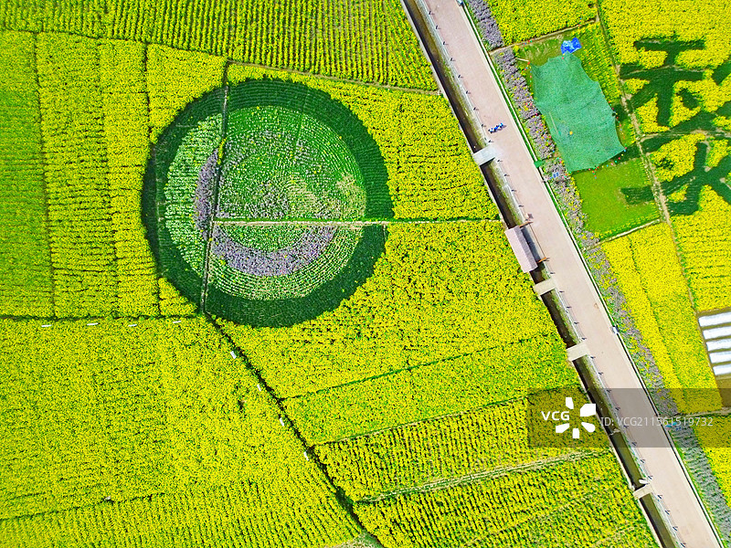 陕西省汉中市镇巴县黎坝镇油菜花海油菜花田农业村庄航拍全景绿色黄色图片素材