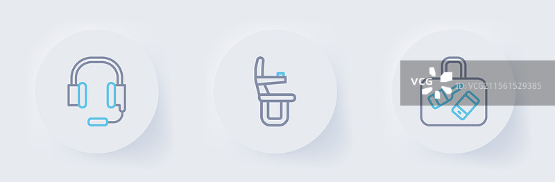 行李箱、飞机座位和耳机的线条图图片素材