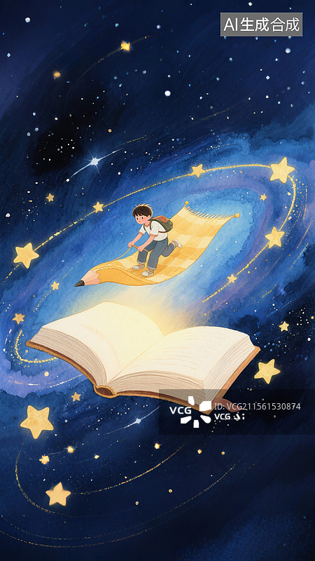 【AI数字艺术】坐着飞毯飞向书籍的孩子图片素材