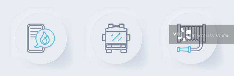 消防水带卷盘、消防车和电话的设置图片素材