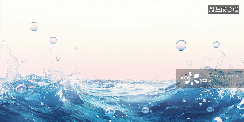 【AI数字艺术】清新蓝色海洋波浪水花插画背景图图片素材