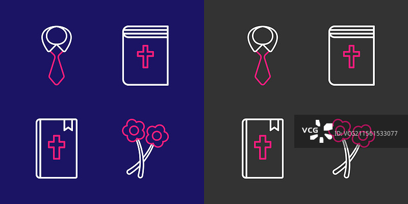 线条花卉、圣经书籍和领带图标图片素材