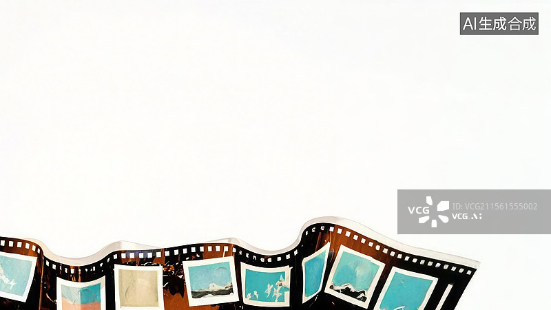 【AI数字艺术】2D卡通居下-波浪形的胶片带展示多个风景照片图片素材