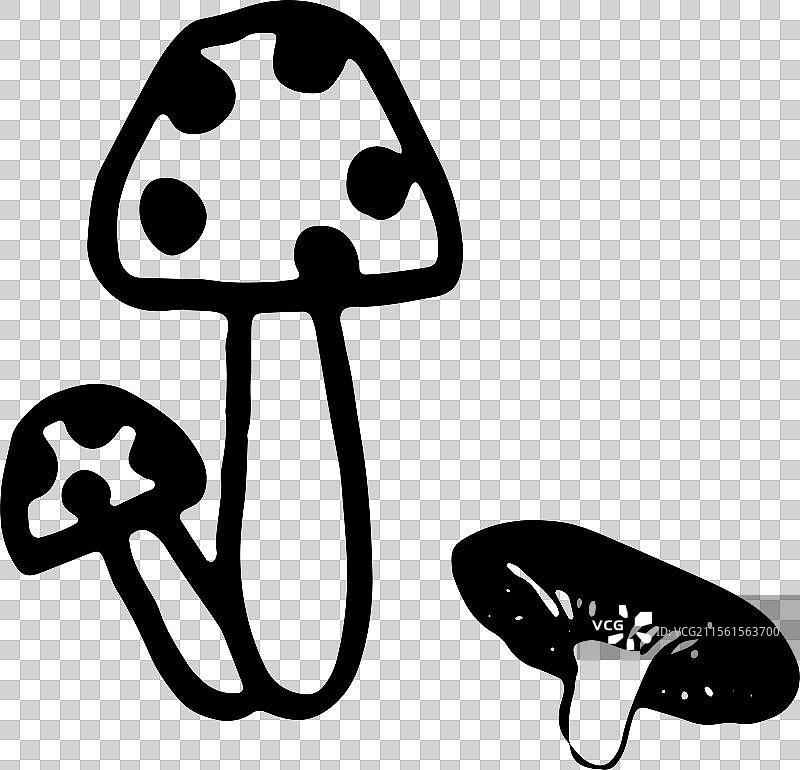 黑白线条简笔画图案元素 蘑菇 菌类 采蘑菇图片素材