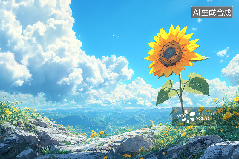 【AI数字艺术】岩石中一株向阳而生的向日葵图片素材