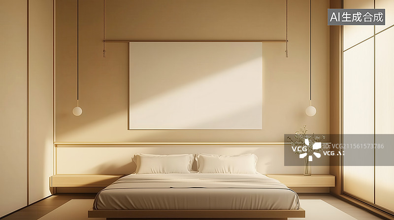 【AI数字艺术】简约米色调卧室：舒适、宁静与现代艺术的融合图片素材