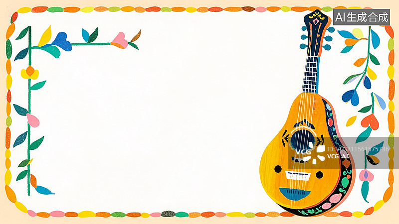 【AI数字艺术】2D卡通居右-装饰边框中的彩色吉他图片素材