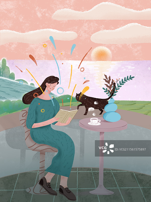 在海边阳台边喝咖啡边阅读图片素材