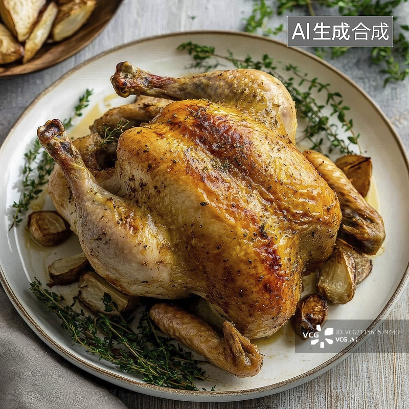 【AI数字艺术】餐桌上盘子里的烤鸡的高角度视图图片素材