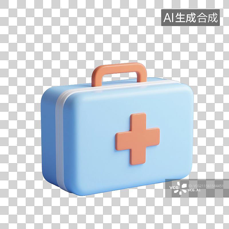 【AI数字艺术】3D渲染卡通医疗用品，急救箱，医院医疗医药安全保险免抠元素图片素材